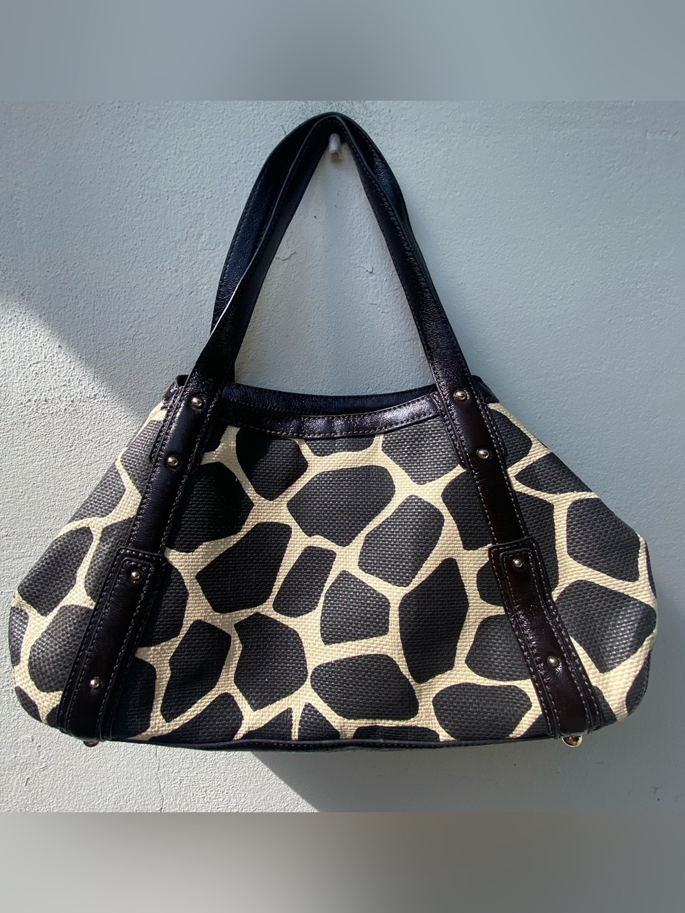 Y2K Banana Republic Dark Brown Cream Giraffe Print Canvas Leather Shoulder Bag